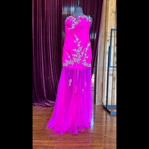 Strapless Fuchsia ball gown evening gown with tulle see thru skirt